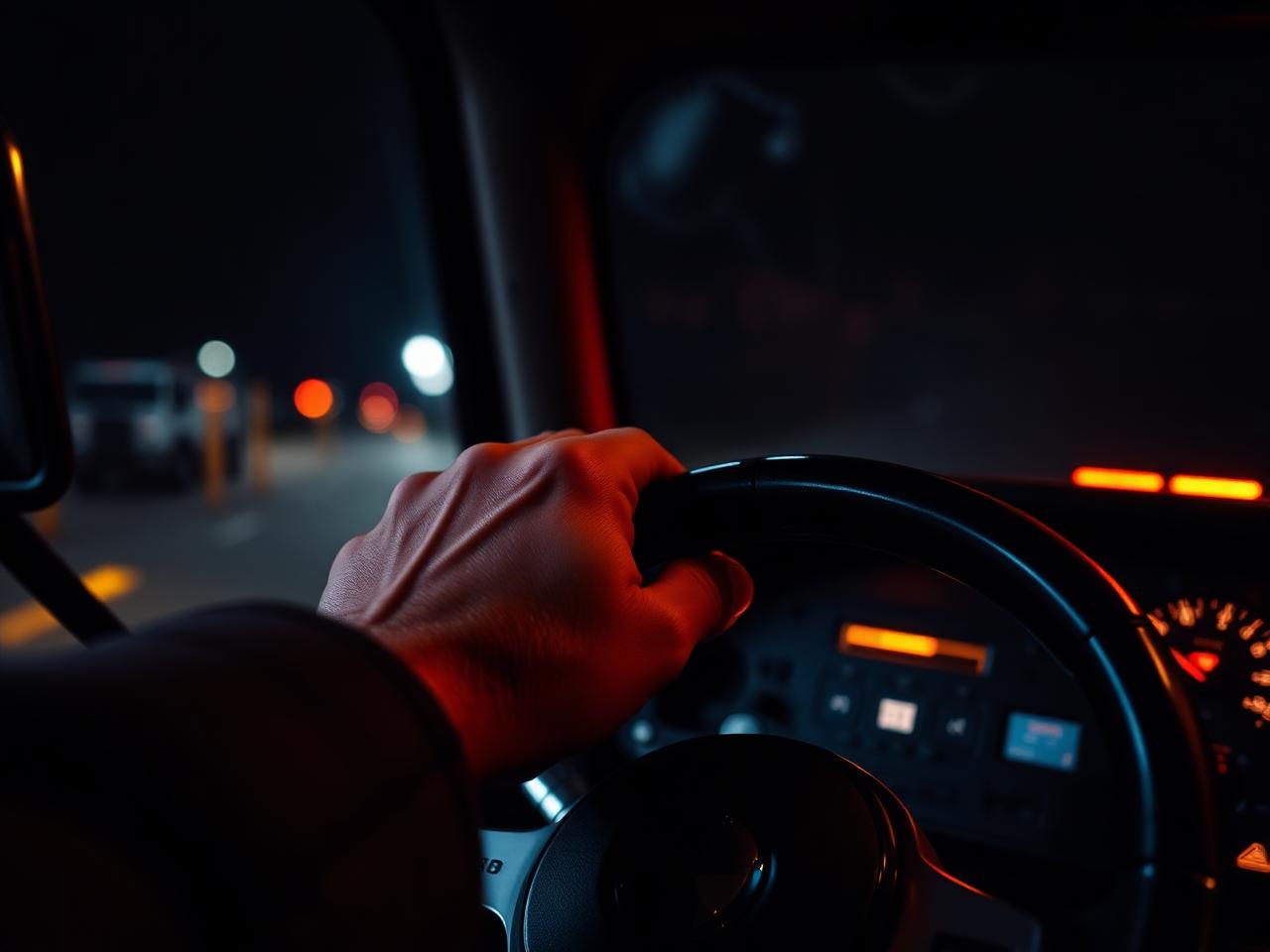 Driver's hand on the wheel of a semi-truck at night