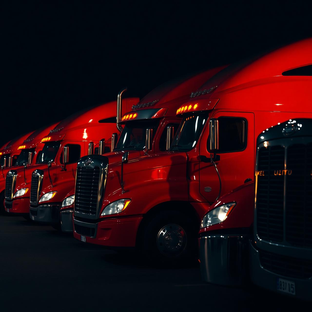 Red semi-trucks parked at night